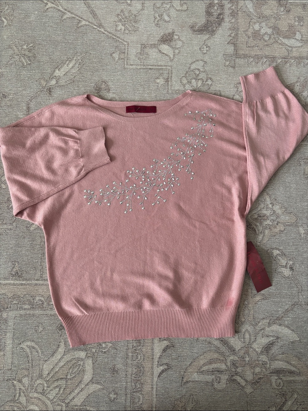 Embellished Pink Boatneck Sweater with Crystal Detail